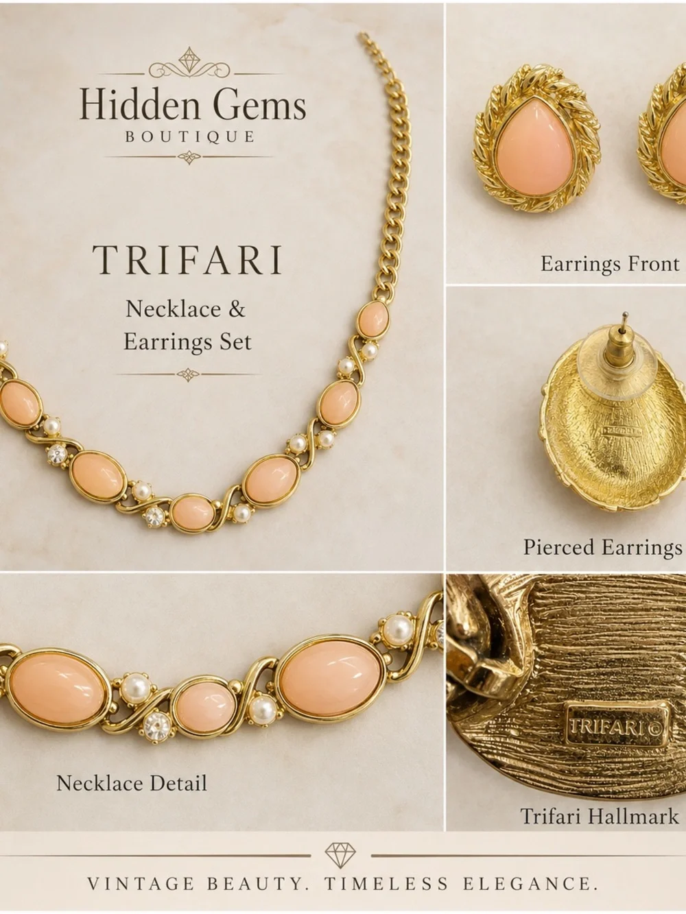 Trifari Gold-Tone Necklace and Earrings with Peach Cabochons